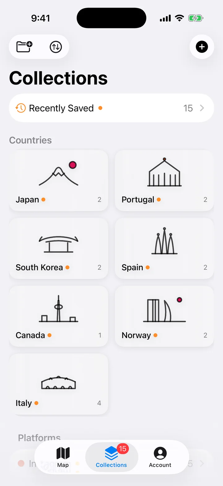 somewhere's Collections tab, with a collection for each country